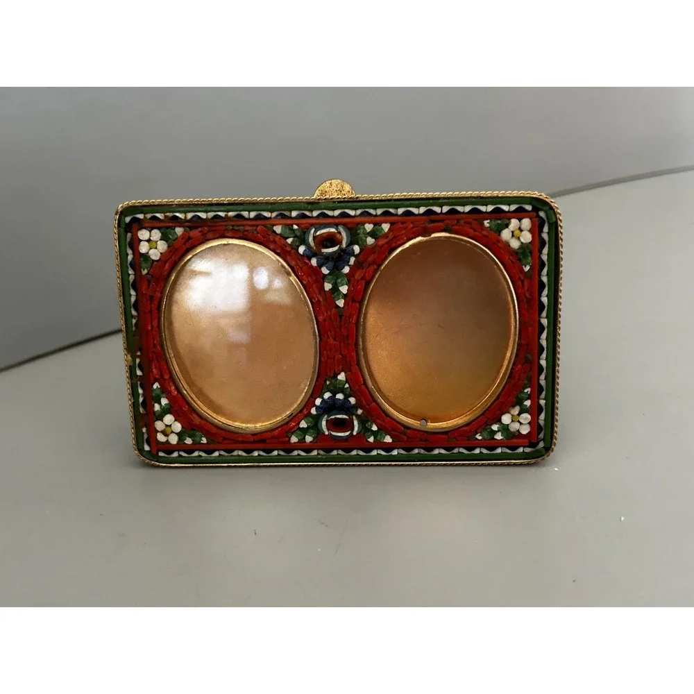 Vintage Italy Micro Mosaic Picture Frame Gold Tone Brass Double Oval Easel 3x4